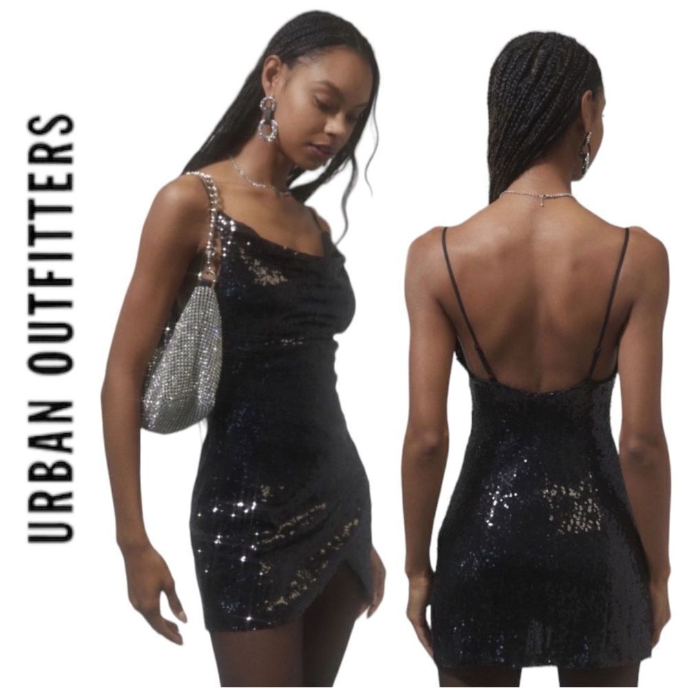 NEW UO Urban Outfitters A-list Black Sequin Cowl Neck Mini Dress S